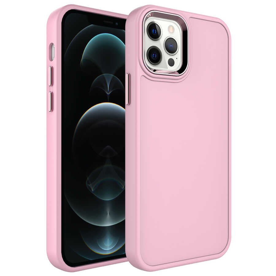 iPhone 14 Pro Kılıf Metal Çerçeve ve Buton Tasarımlı Sert Zore Botox Kılıf - Pembe Açık