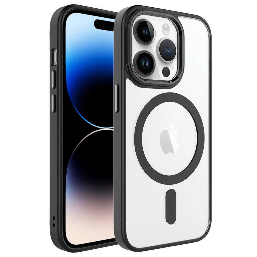 iPhone 14 Pro Max Kılıf Wireless Şarj Özellikli Zore Krom M-safe Silikon Kılıf - Siyah