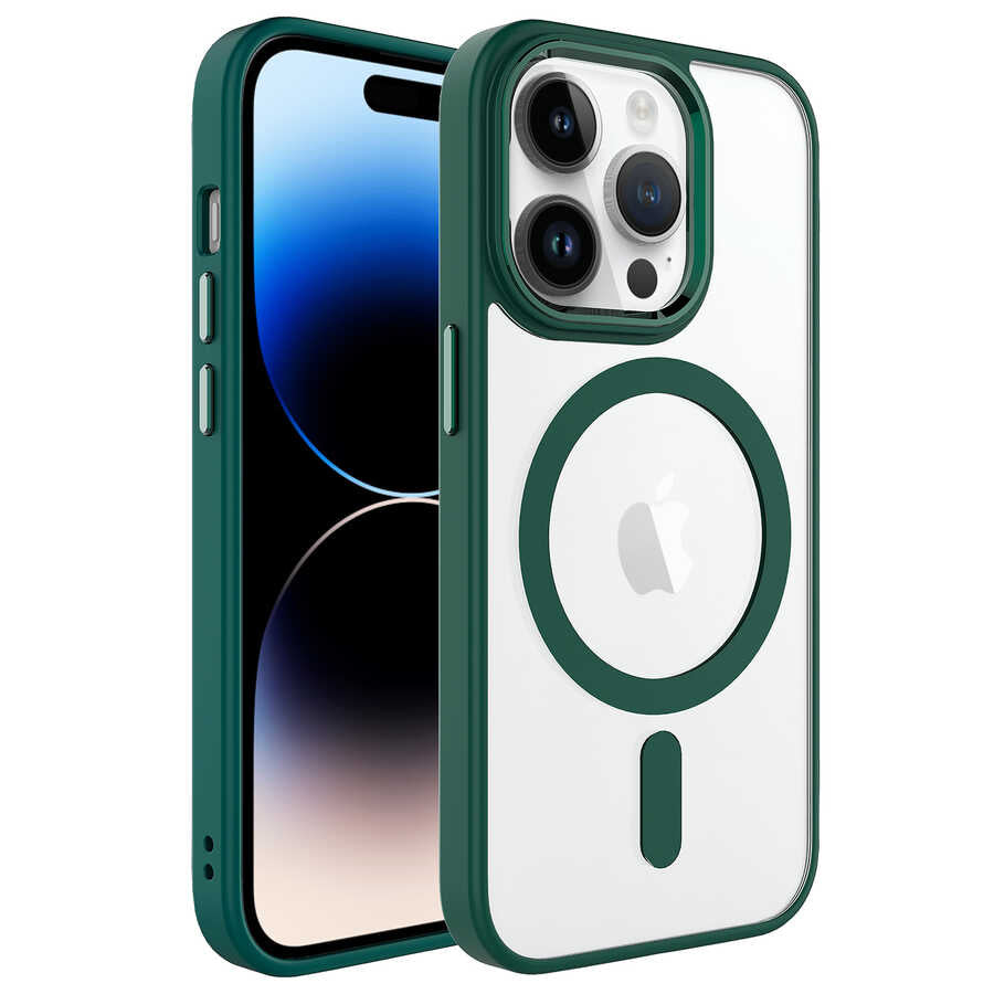 iPhone 14 Pro Max Kılıf Wireless Şarj Özellikli Zore Krom M-safe Silikon Kılıf - Koyu Yeşil