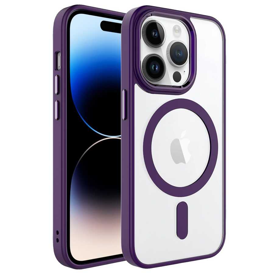 iPhone 14 Pro Max Kılıf Wireless Şarj Özellikli Zore Krom M-safe Silikon Kılıf - Derin Mor