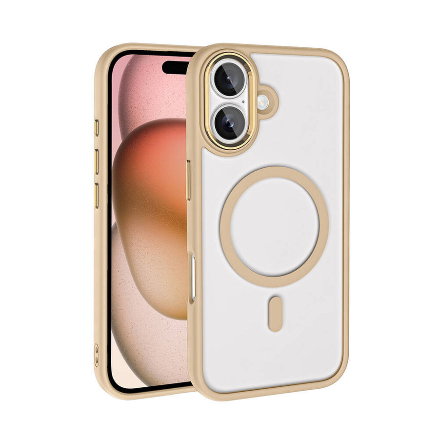iPhone 16 Plus Kılıf Wireless Şarj Özellikli Zore Krom M-safe Silikon Kılıf - Gold