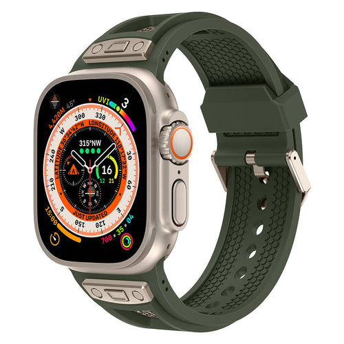 Watch Ultra 49mm Zore KRD-117 Hava Alabilen Delikli Metal Süslemeli Desenli Silikon Kordon - Titanyum-Yeşil