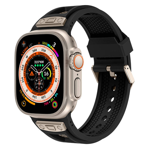Watch Ultra 49mm Zore KRD-117 Hava Alabilen Delikli Metal Süslemeli Desenli Silikon Kordon - Titanyum-Siyah