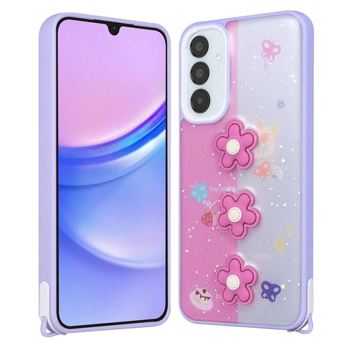 Galaxy A05S Kılıf Parlayan Simli Kabartma Figürlü Zore Cevze Kılıf - Mor Papatya