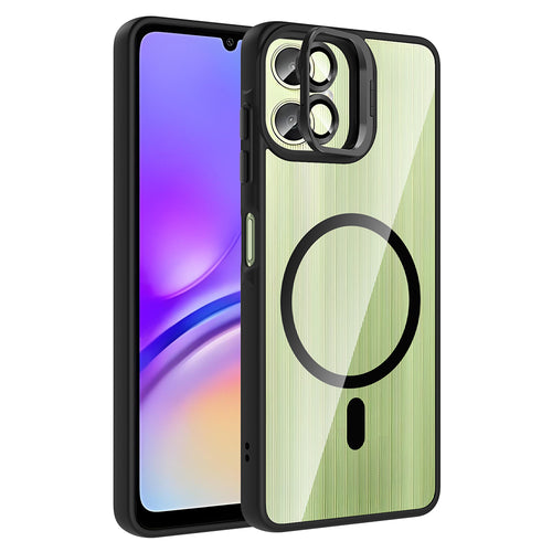 Galaxy A06 Kılıf Standlı ve Kamera Lens Hediyeli M-Safe Şarj Özellikli Zore Etro Kılıf - Siyah