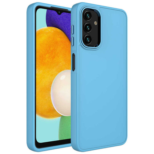 Galaxy A13 4G Kılıf Metal Çerçeve ve Buton Tasarımlı Silikon Zore Luna Kılıf - Sierra Mavi