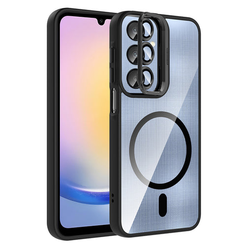 Galaxy A25 Kılıf Standlı ve Kamera Lens Hediyeli M-Safe Şarj Özellikli Zore Etro Kılıf - Siyah