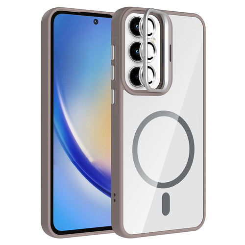 Galaxy A35 Kılıf Standlı ve Kamera Lens Hediyeli M-Safe Şarj Özellikli Zore Etro Kılıf - Gri