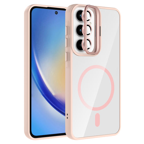 Galaxy A35 Kılıf Standlı ve Kamera Lens Hediyeli M-Safe Şarj Özellikli Zore Etro Kılıf - Pembe