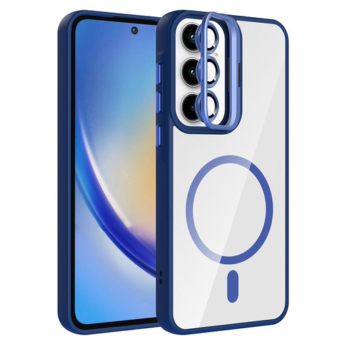 Galaxy A35 Kılıf Standlı ve Kamera Lens Hediyeli M-Safe Şarj Özellikli Zore Etro Kılıf - Lacivert