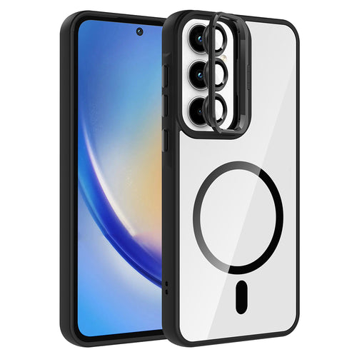 Galaxy A35 Kılıf Standlı ve Kamera Lens Hediyeli M-Safe Şarj Özellikli Zore Etro Kılıf - Siyah
