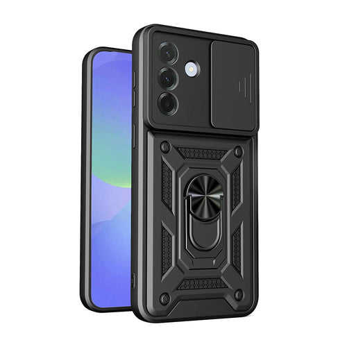 Galaxy A37 Kılıf Magnetik Standlı Kamera Korumalı Zore Sürgülü Vega Kılıf - Siyah