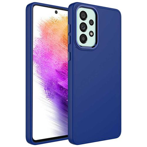 Galaxy A52 Kılıf Metal Çerçeve ve Buton Tasarımlı Silikon Zore Luna Kılıf - Lacivert