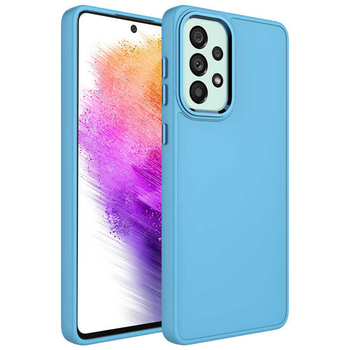 Galaxy A52 Kılıf Metal Çerçeve ve Buton Tasarımlı Silikon Zore Luna Kılıf - Sierra Mavi