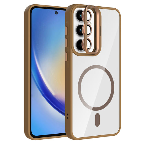 Galaxy A55 Kılıf Standlı ve Kamera Lens Hediyeli M-Safe Şarj Özellikli Zore Etro Kılıf - Desert Titanyum