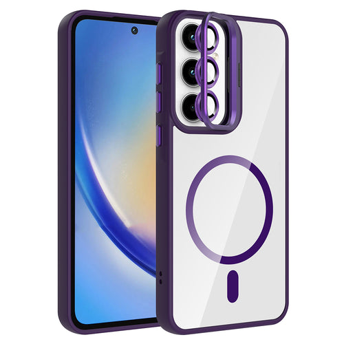Galaxy A55 Kılıf Standlı ve Kamera Lens Hediyeli M-Safe Şarj Özellikli Zore Etro Kılıf - Derin Mor