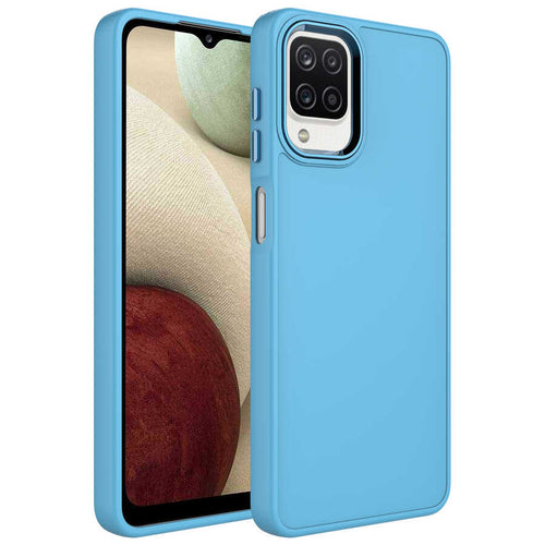 Galaxy M12 Kılıf Metal Çerçeve ve Buton Tasarımlı Silikon Zore Luna Kılıf - Sierra Mavi