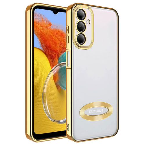 Galaxy M14 Kılıf Kamera Korumalı Logo Gösteren Zore Omega Kılıf - Gold