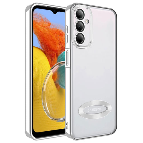 Galaxy M14 Kılıf Kamera Korumalı Logo Gösteren Zore Omega Kılıf - Gümüş