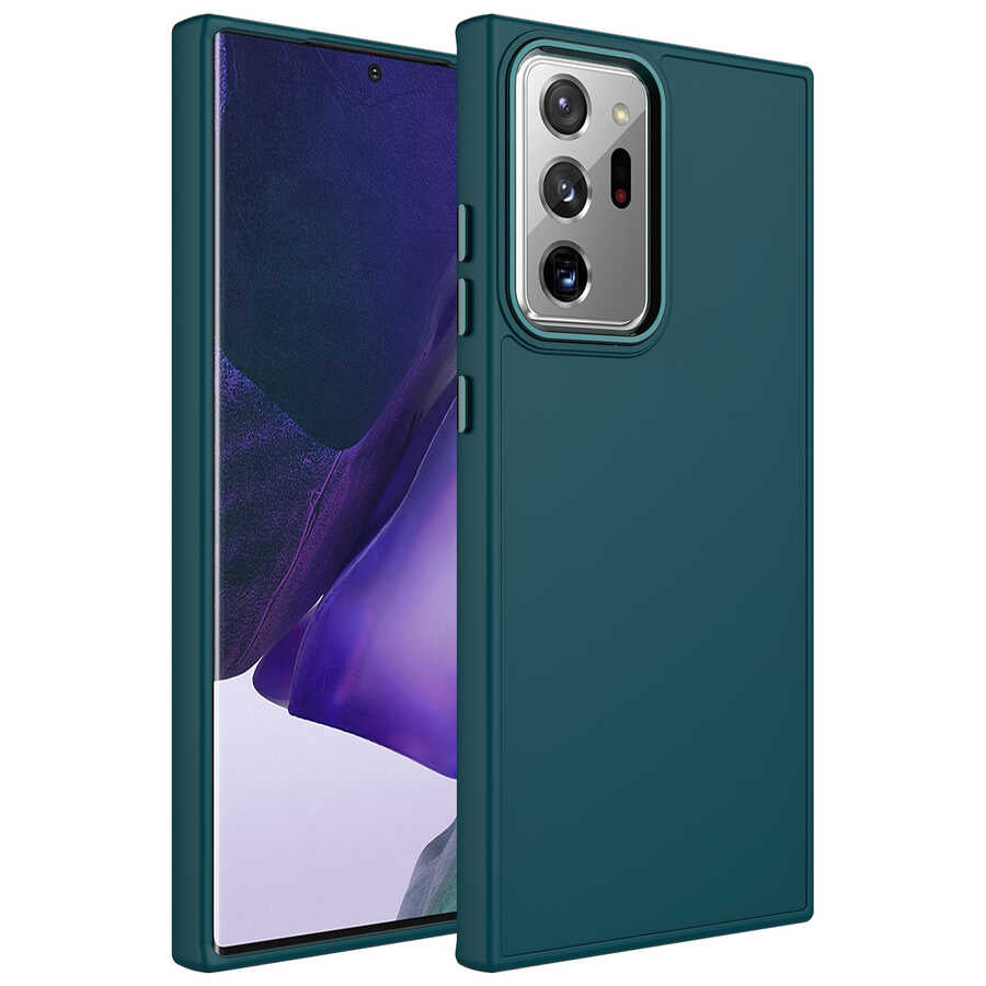Galaxy Note 20 Ultra Kılıf Metal Çerçeve ve Buton Tasarımlı Silikon Zore Luna Kılıf - Koyu Yeşil