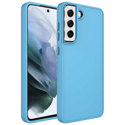 Galaxy S21 FE Kılıf Metal Çerçeve ve Buton Tasarımlı Silikon Zore Luna Kılıf - Sierra Mavi
