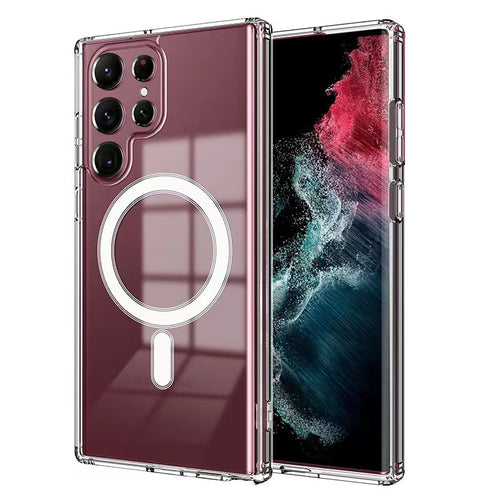 Galaxy S22 Ultra Kılıf Zore M-safe Şarj Özellikli Şeffaf Sert PC Zore Embos Kılıf - Renksiz