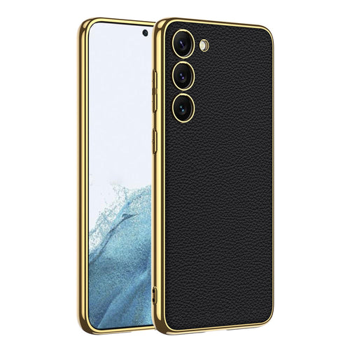 Galaxy S23 Kılıf Deri Görünümlü Kenarları Elektroplating Kaplama Zore Fizyon Kılıf - Siyah
