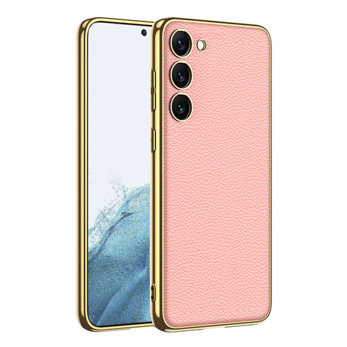 Galaxy S23 Kılıf Deri Görünümlü Kenarları Elektroplating Kaplama Zore Fizyon Kılıf - Pembe
