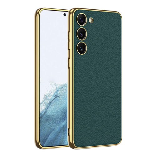 Galaxy S23 Kılıf Deri Görünümlü Kenarları Elektroplating Kaplama Zore Fizyon Kılıf - Koyu Yeşil