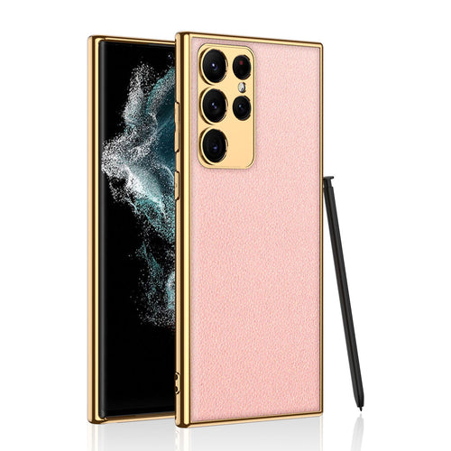 Galaxy S23 Ultra Kılıf Deri Görünümlü Kenarları Elektroplating Kaplama Zore Fizyon Kılıf - Pembe