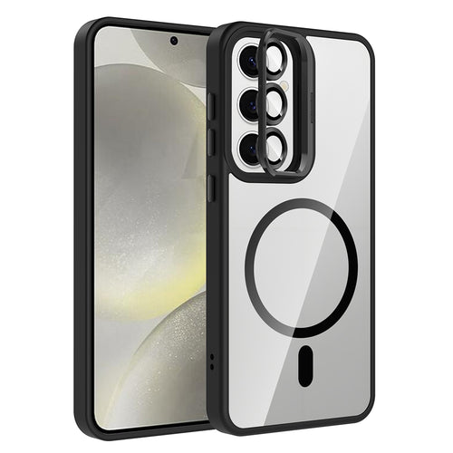 Galaxy S24 FE Kılıf Standlı ve Kamera Lens Hediyeli M-Safe Şarj Özellikli Zore Etro Kılıf - Siyah