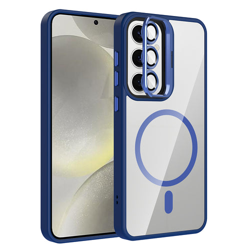 Galaxy S24 FE Kılıf Standlı ve Kamera Lens Hediyeli M-Safe Şarj Özellikli Zore Etro Kılıf - Lacivert