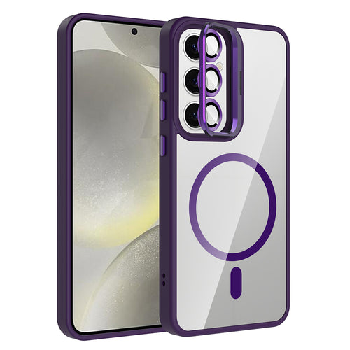 Galaxy S24 FE Kılıf Standlı ve Kamera Lens Hediyeli M-Safe Şarj Özellikli Zore Etro Kılıf - Derin Mor