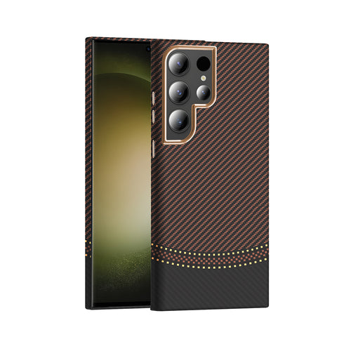 Galaxy S24 Ultra Kılıf M-safe Şarj Özellikli Karbon Fiber Görünümlü Zore Gros Kılıf - Gold-Siyah