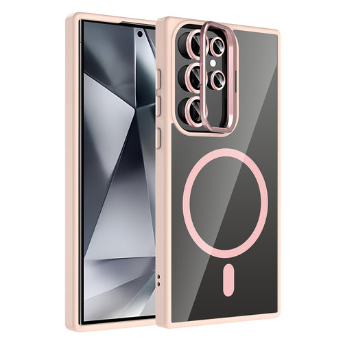 Galaxy S24 Ultra Kılıf Standlı ve Kamera Lens Hediyeli M-Safe Şarj Özellikli Zore Etro Kılıf - Pembe