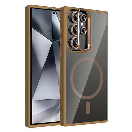 Galaxy S24 Ultra Kılıf Standlı ve Kamera Lens Hediyeli M-Safe Şarj Özellikli Zore Etro Kılıf - Desert Titanyum