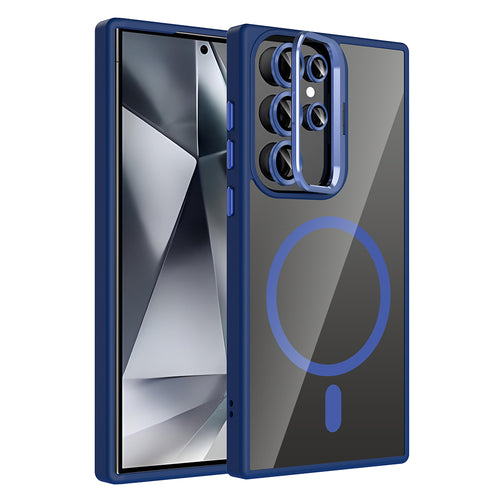 Galaxy S24 Ultra Kılıf Standlı ve Kamera Lens Hediyeli M-Safe Şarj Özellikli Zore Etro Kılıf - Lacivert
