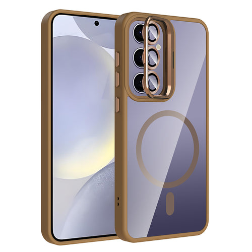 Galaxy S25 Plus Kılıf Standlı ve Kamera Lens Hediyeli M-Safe Şarj Özellikli Zore Etro Kılıf - Desert Titanyum