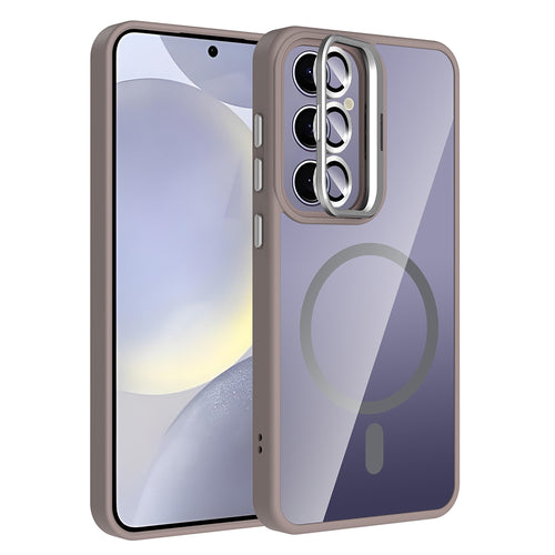 Galaxy S25 Plus Kılıf Standlı ve Kamera Lens Hediyeli M-Safe Şarj Özellikli Zore Etro Kılıf - Gri
