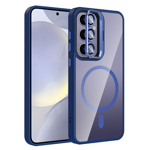 Galaxy S25 Plus Kılıf Standlı ve Kamera Lens Hediyeli M-Safe Şarj Özellikli Zore Etro Kılıf - Lacivert