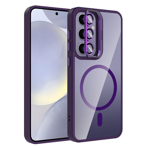 Galaxy S25 Plus Kılıf Standlı ve Kamera Lens Hediyeli M-Safe Şarj Özellikli Zore Etro Kılıf - Derin Mor