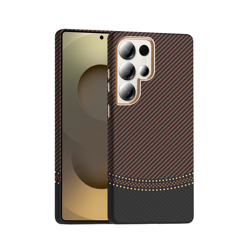 Galaxy S25 Ultra Kılıf M-safe Şarj Özellikli Karbon Fiber Görünümlü Zore Gros Kılıf - Gold-Siyah