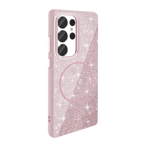 Galaxy S25 Ultra Kılıf M-safe Şarj Özellikli Parlayan Simli Zore Okso Kılıf - Pembe