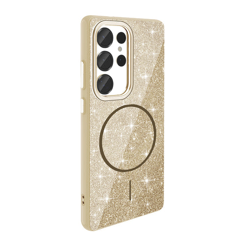 Galaxy S25 Ultra Kılıf M-safe Şarj Özellikli Parlayan Simli Zore Okso Kılıf - Gold