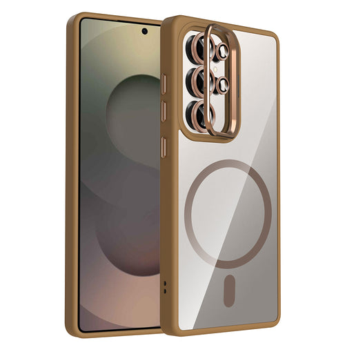 Galaxy S25 Ultra Kılıf Standlı ve Kamera Lens Hediyeli M-Safe Şarj Özellikli Zore Etro Kılıf - Desert Titanyum