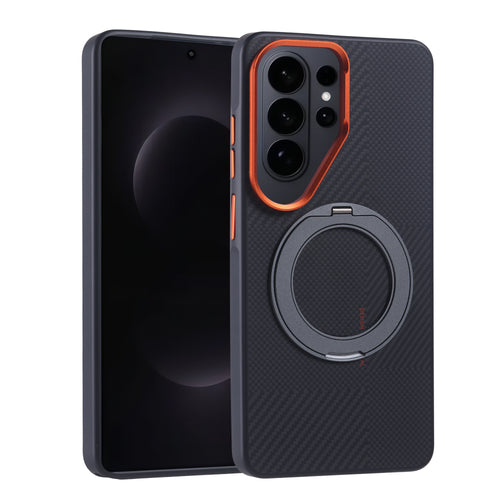Galaxy S26 Ultra Kılıf M-safe Şarj Özellikli Karbon Fiber Görünümlü Zore Standlı Troy Kılıf - Turuncu