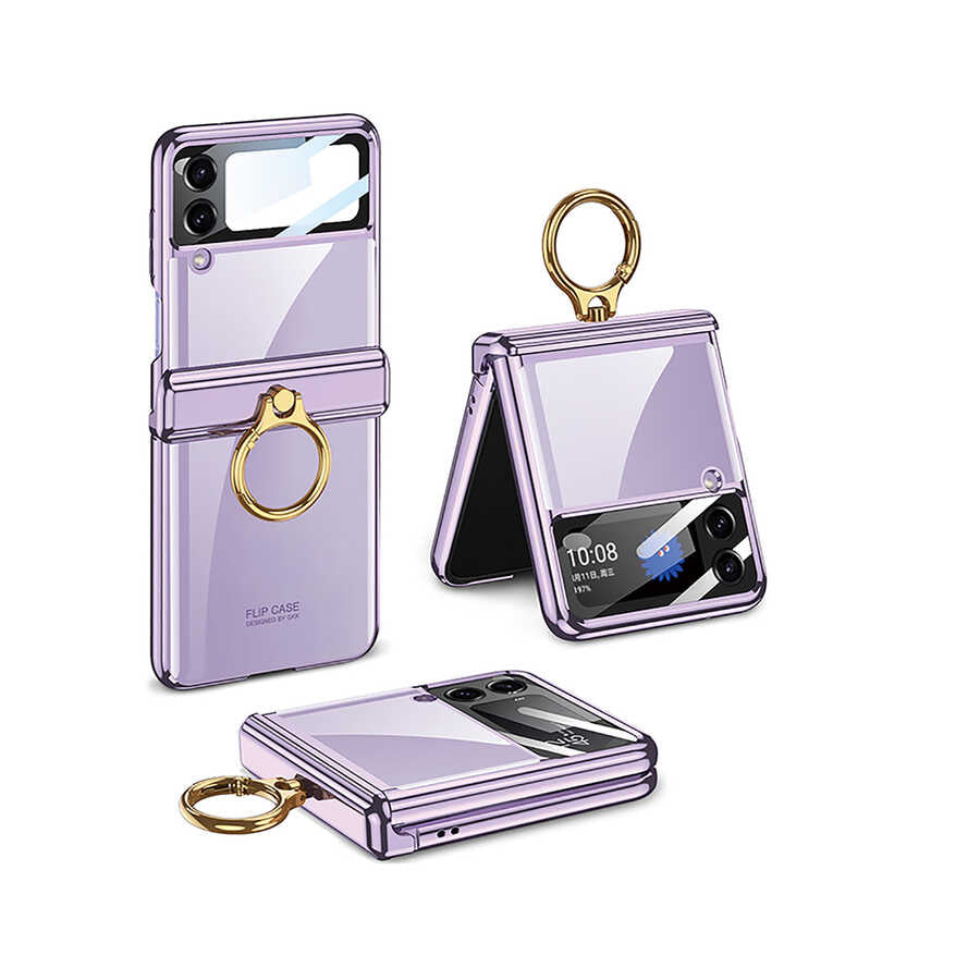 Galaxy Z Flip 4 Kılıf Zore Kıpta Yüzüklü Lens Korumalı Kılıf - Lila