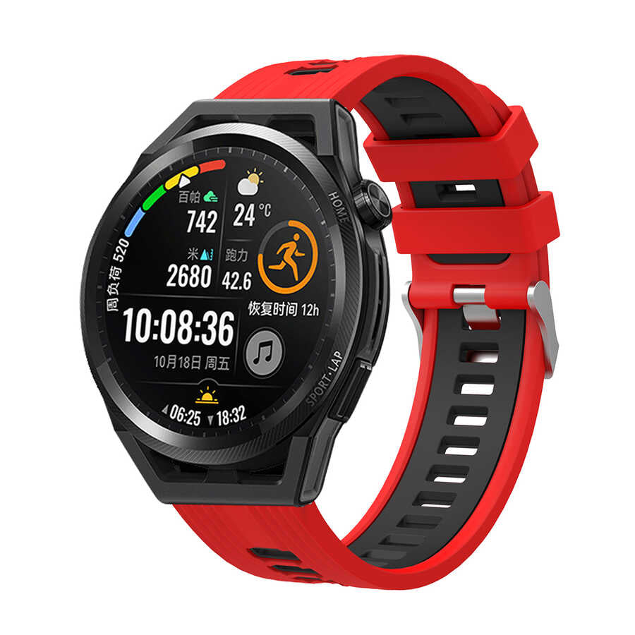 Huawei GT2 42mm KRD-55 Silikon Kordon - Kırmızı-Siyah