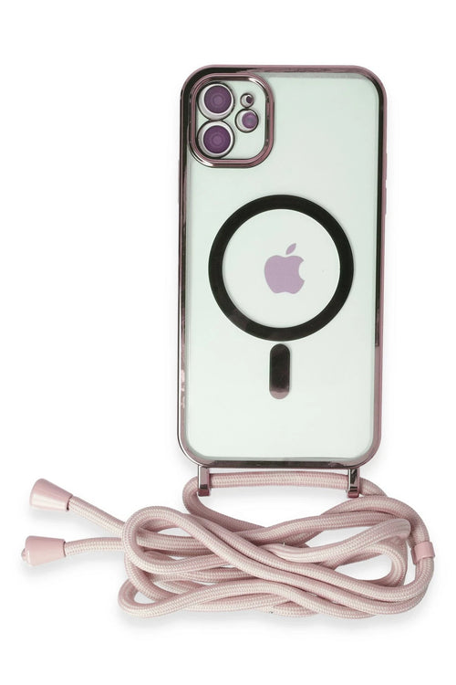Newface Apple iPhone 11 Kılıf Divo Lazer Askılı Magsafe Kapak - Pembe
