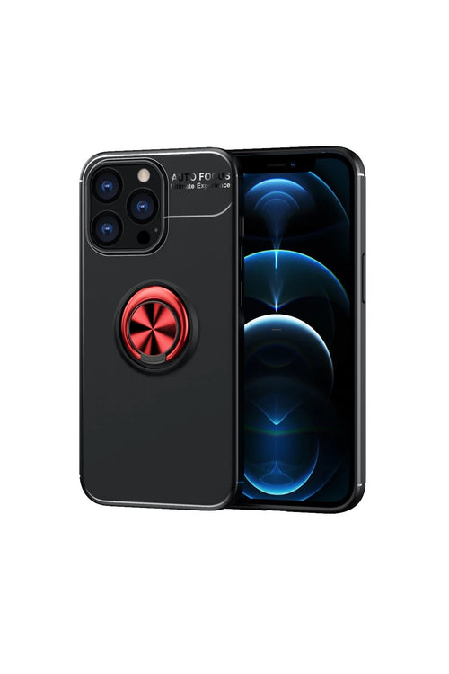 Newface Apple iPhone 13 Pro Max Kılıf Range Yüzüklü Silikon - Siyah-Kırmızı